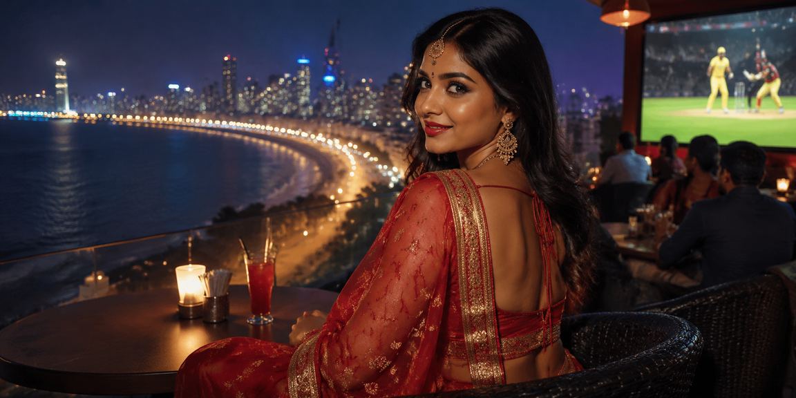 Mumbai Marine Drive cricket betting scene with saree-clad woman using mobile